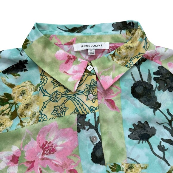 Rose + Olive Floral Sheer Boho Top XL Multicolor Patchwork Button Up Y2K Blouse - Picture 4 of 8